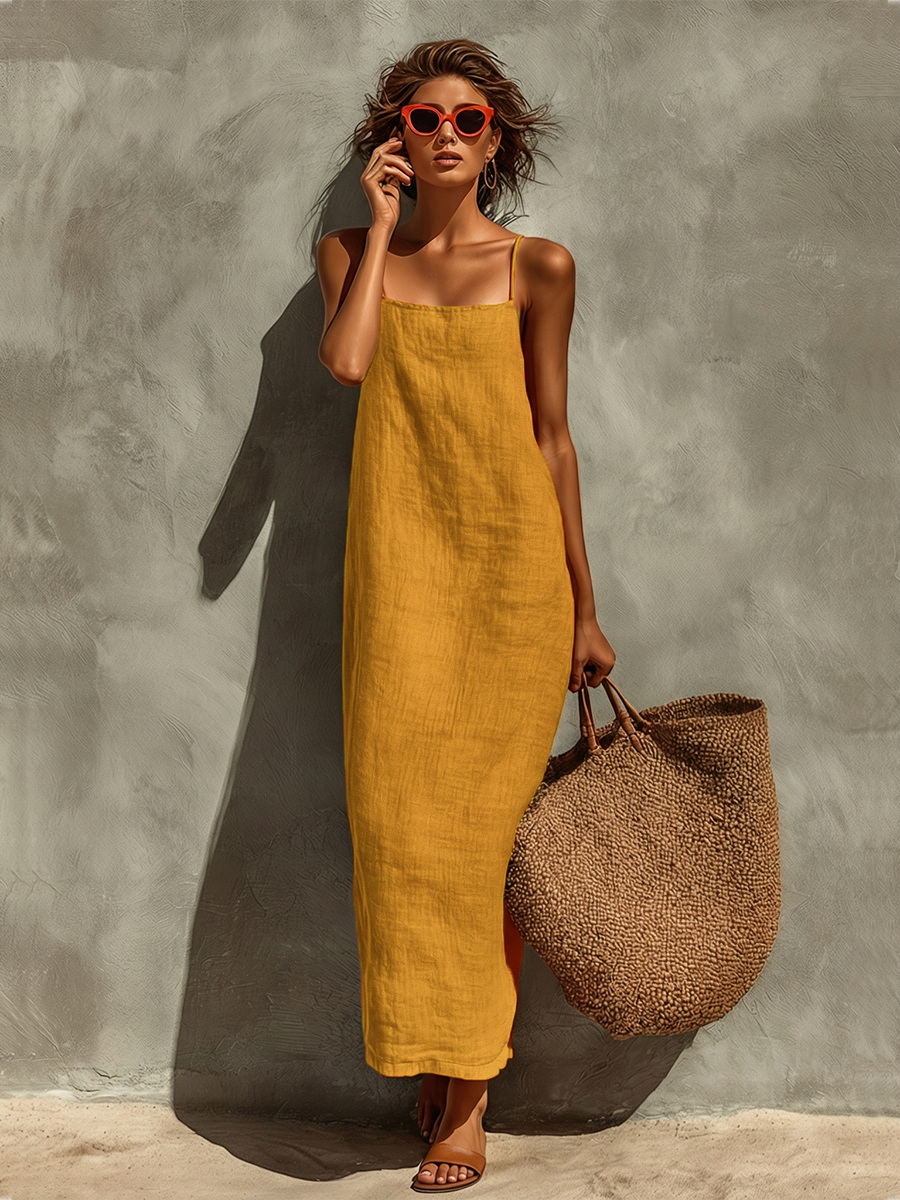 Women's Maxi Dress with Square Neckline and Adjustable Straps, Breathable Fabric